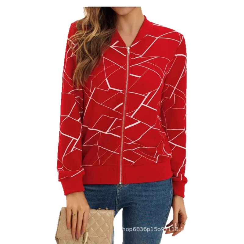 Naiste geomeetrilise mustriga pikkade varrukatega top, tõmblukuga sulgemine, polüester-spandexi segu, keskmine paksus, baseball krae, elegantne igapäevane stiil