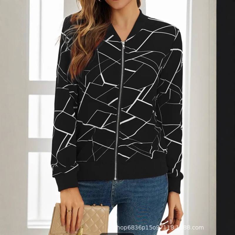 Naiste geomeetrilise mustriga pikkade varrukatega top, tõmblukuga sulgemine, polüester-spandexi segu, keskmine paksus, baseball krae, elegantne igapäevane stiil