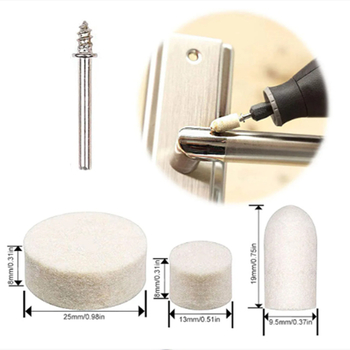 Villane poleerimiskomplekt koos silindrilise poleerimisketta peaga – Materjal: vill, Välisdiameeter 10–25 mm, Pikkus 45 mm, Kasutusala: poleerimine, Mudel: komplekt