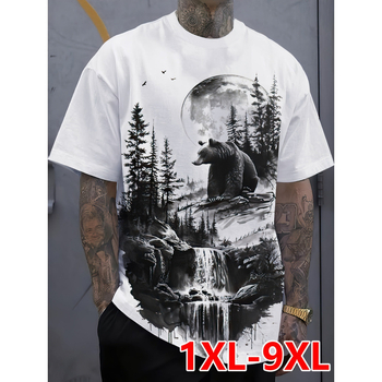 T-särk Moose Forest Night Sky Print, Slim Fit, Ümmarguse kaelusega, Lühikesed varrukad, 100% polüester