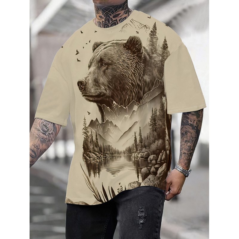 T-särk Moose Forest Night Sky Print, Slim Fit, Ümmarguse kaelusega, Lühikesed varrukad, 100% polüester