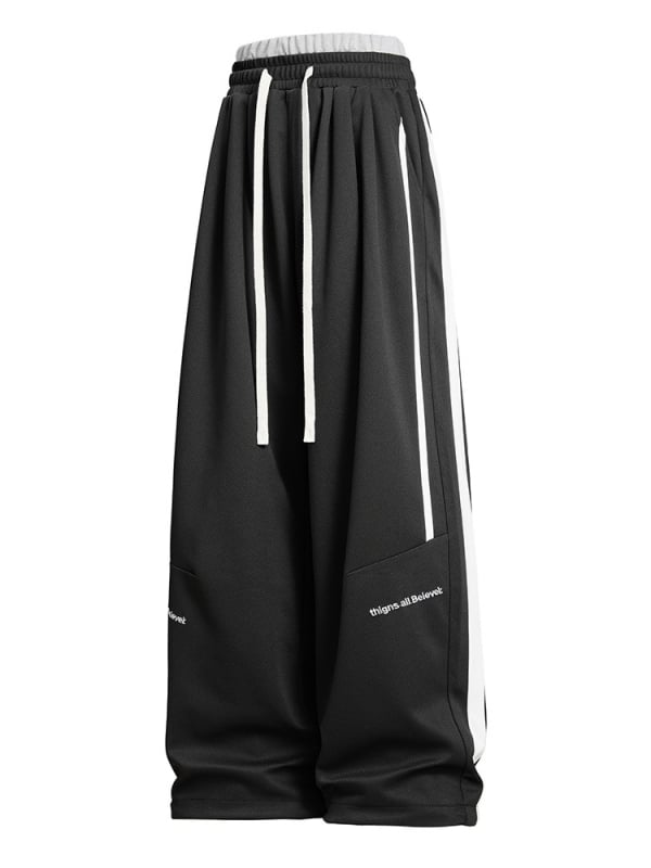 Meeste vaba-aja sportpüksid, laia lõikega, sirge säär, keskmine vöökoht, nööriga ühendus, pikad, 100% polüester, värvi blokiline muster koos patchworkiga, hingavad