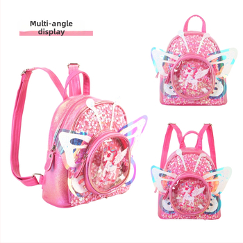 Seljakott ükssarviku sequiin-tiibadega - PU materjal, anime karikatüürimuster, ükssarviku liblika pilt, 2025. aasta kevad, lasteaialastele