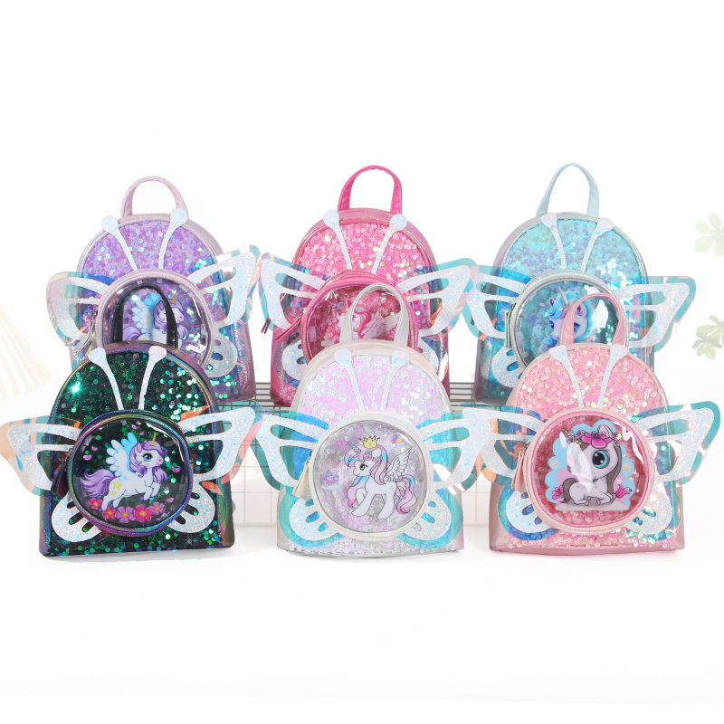 Ghiozdan cu aripi de unicorn din paiete - PU material, model anime desene animate, imagine unicorn fluture, primăvara 2025, pentru copii de grădiniță