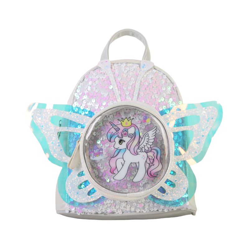 Ghiozdan cu aripi de unicorn din paiete - PU material, model anime desene animate, imagine unicorn fluture, primăvara 2025, pentru copii de grădiniță