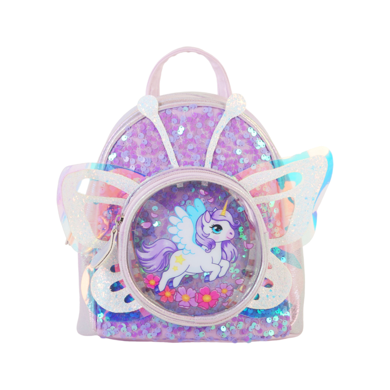 Ghiozdan cu aripi de unicorn din paiete - PU material, model anime desene animate, imagine unicorn fluture, primăvara 2025, pentru copii de grădiniță