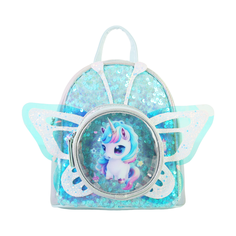 Ghiozdan cu aripi de unicorn din paiete - PU material, model anime desene animate, imagine unicorn fluture, primăvara 2025, pentru copii de grădiniță