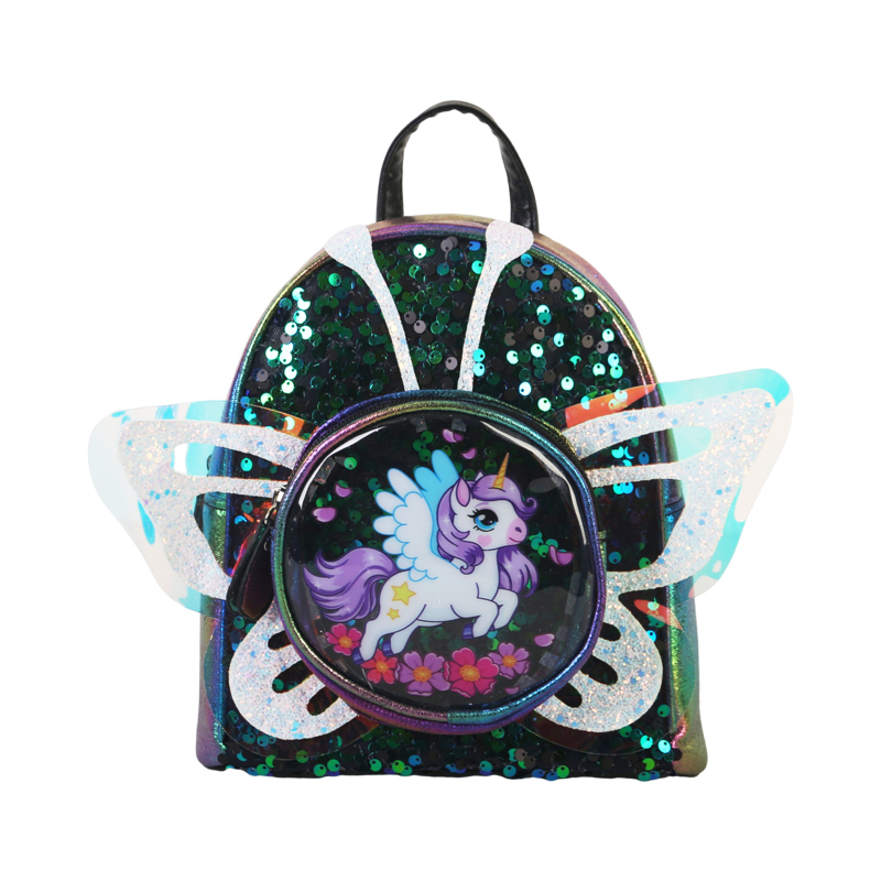 Ghiozdan cu aripi de unicorn din paiete - PU material, model anime desene animate, imagine unicorn fluture, primăvara 2025, pentru copii de grădiniță