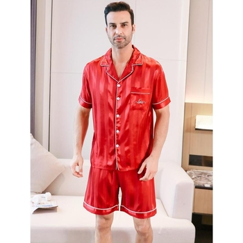 Meeste 2-os osaline pijamaseade lühikeste varrukatega top ja õhukeste triibuliste lühikeste pükstega, materjal Half Fleece, puuvilla sisaldus alla 30%