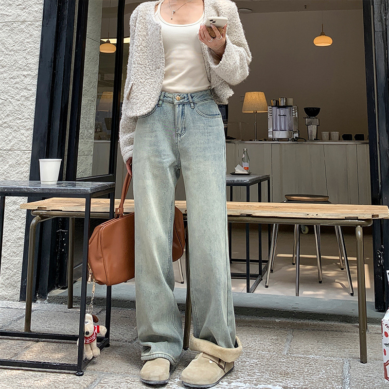 Laia jooned džinsid, puuvillase vooderdusega, kõrge vöökoht, paks kangas, kerge venitus