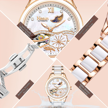 NESUN naistele – täielikult automaatne mehhaaniline käekell, keraamiline korpus ja rihm, 50 m veekindlus, Kuu faas ja luminoorne displei, analoogne näit