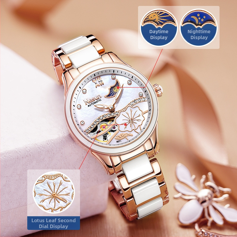 NESUN naistele – täielikult automaatne mehhaaniline käekell, keraamiline korpus ja rihm, 50 m veekindlus, Kuu faas ja luminoorne displei, analoogne näit