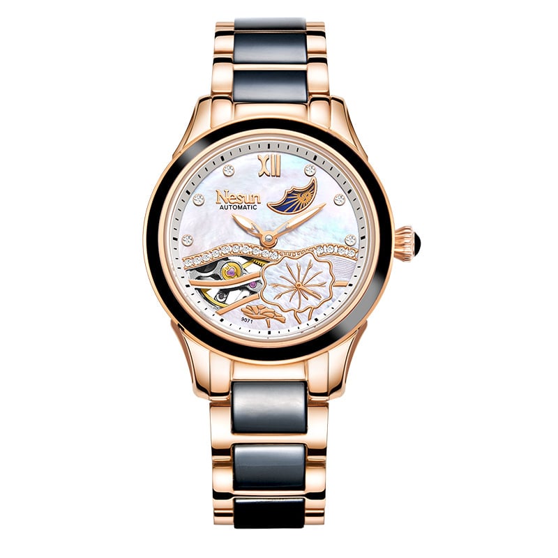 NESUN naistele – täielikult automaatne mehhaaniline käekell, keraamiline korpus ja rihm, 50 m veekindlus, Kuu faas ja luminoorne displei, analoogne näit