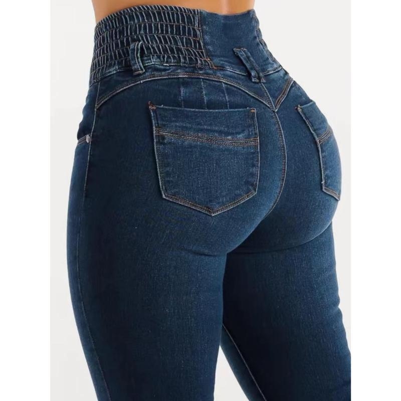 Jeansid, kõrge vöökoht, slim-fit, sirge lõige, tõmblukk, polüestri kiud