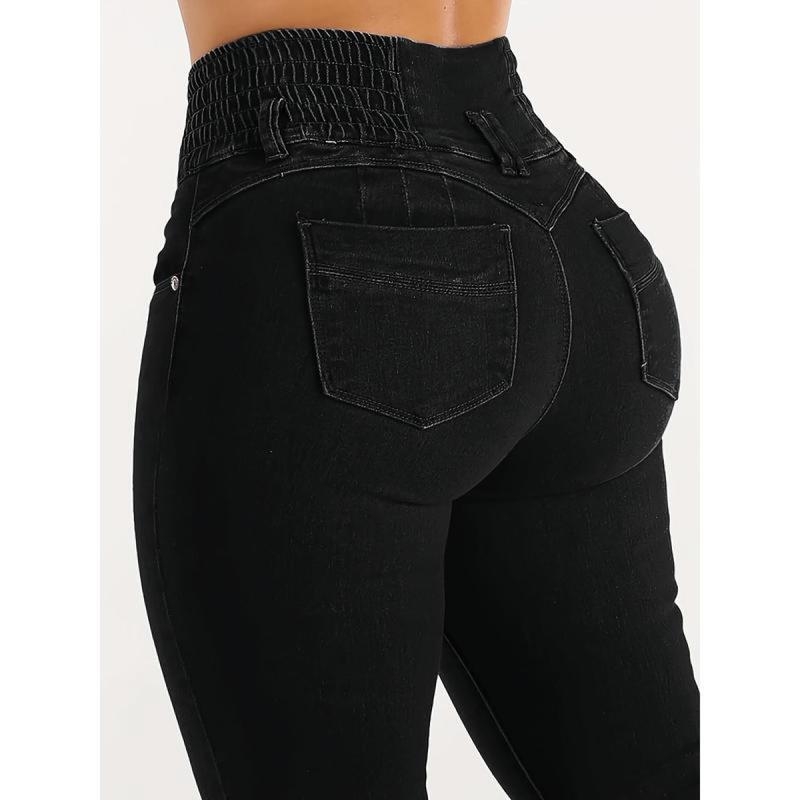 Jeansid, kõrge vöökoht, slim-fit, sirge lõige, tõmblukk, polüestri kiud