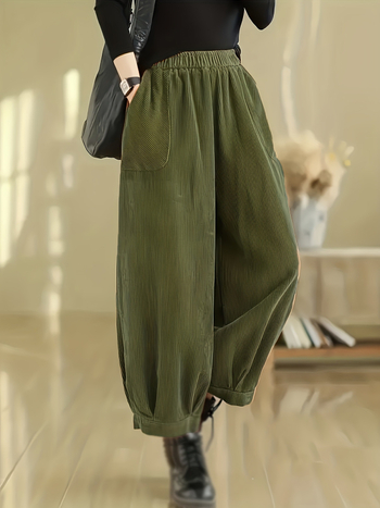 Corduroy lantern püksid, sirge lõige, üheksapunktiline pikkus, elastne vöökoht, retro stiil