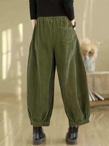 Corduroy lantern püksid, sirge lõige, üheksapunktiline pikkus, elastne vöökoht, retro stiil