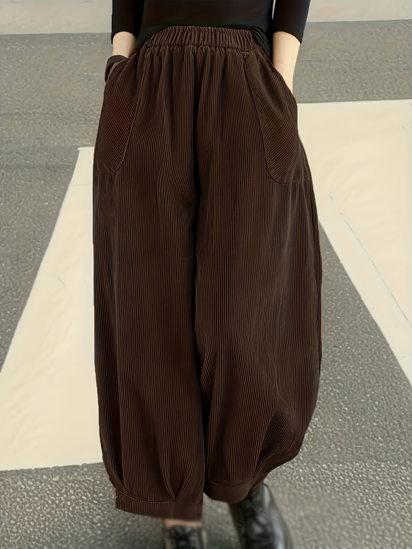 Corduroy lantern püksid, sirge lõige, üheksapunktiline pikkus, elastne vöökoht, retro stiil