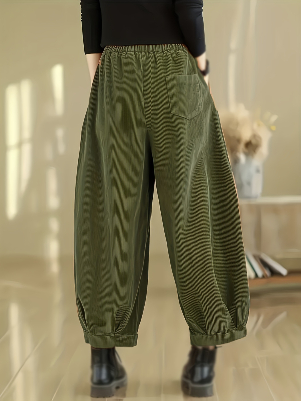 Corduroy lantern püksid, sirge lõige, üheksapunktiline pikkus, elastne vöökoht, retro stiil