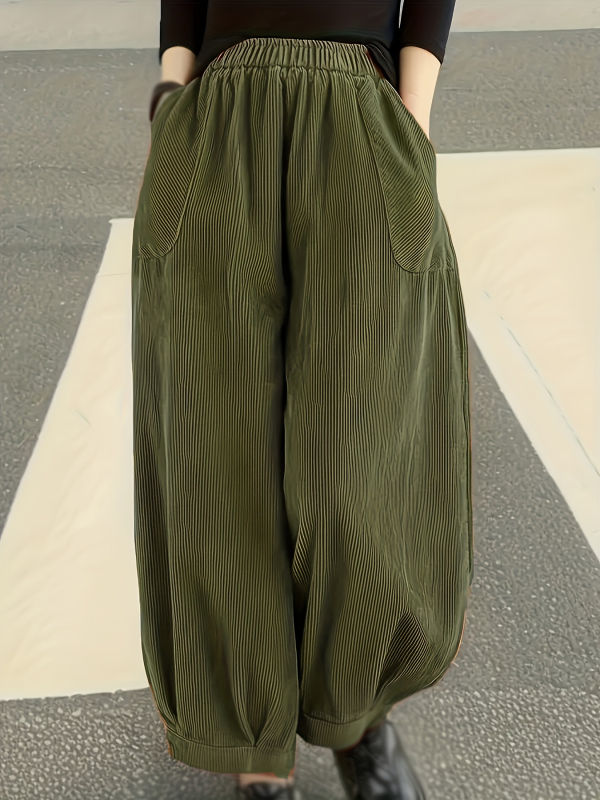 Corduroy lantern püksid, sirge lõige, üheksapunktiline pikkus, elastne vöökoht, retro stiil