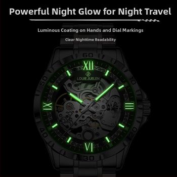 Meeste skelet-mehaaniline käekell, 30 m veekindlus, keeratav kroon, läbipaistev tagakaas, roostevabast terasest rihm liblika klipsuga