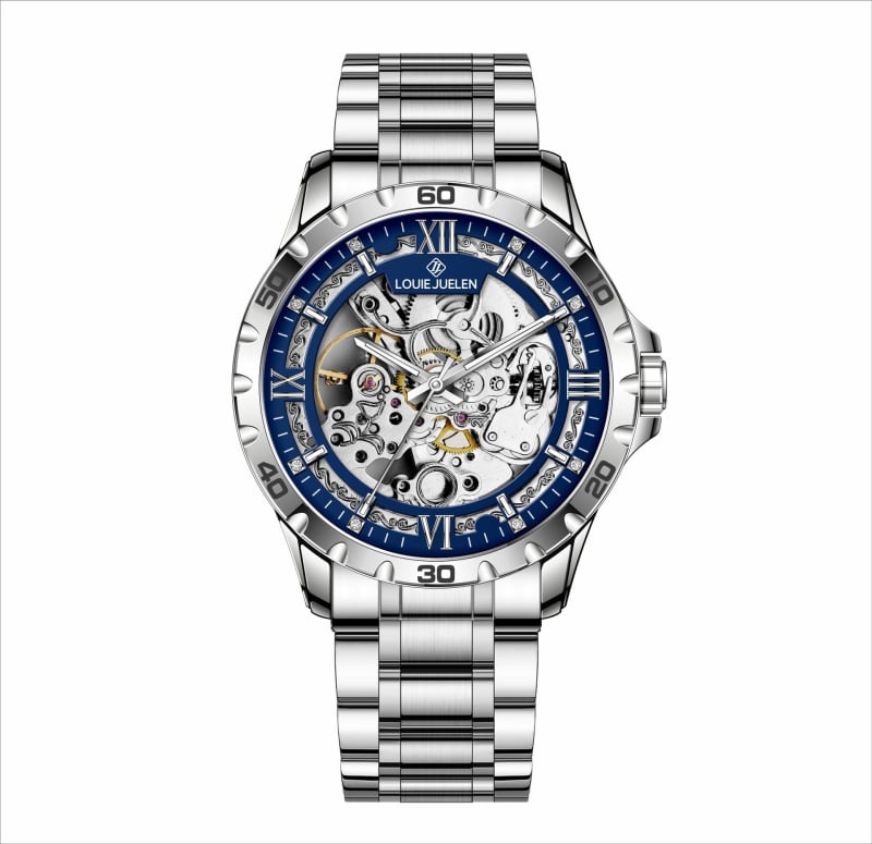 Meeste skelet-mehaaniline käekell, 30 m veekindlus, keeratav kroon, läbipaistev tagakaas, roostevabast terasest rihm liblika klipsuga