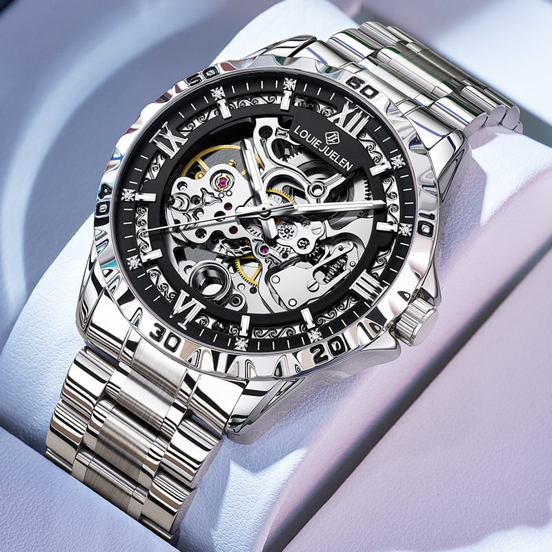 Meeste skelet-mehaaniline käekell, 30 m veekindlus, keeratav kroon, läbipaistev tagakaas, roostevabast terasest rihm liblika klipsuga