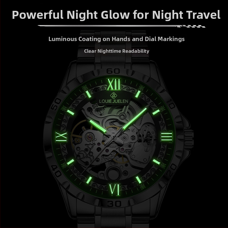 Pánske skeleton mechanické hodinky, 30M vodotesné, skrutkovacia korunka, priehľadné zadné puzdro, remienok z nehrdzavejúcej ocele so sponou typu motýľ