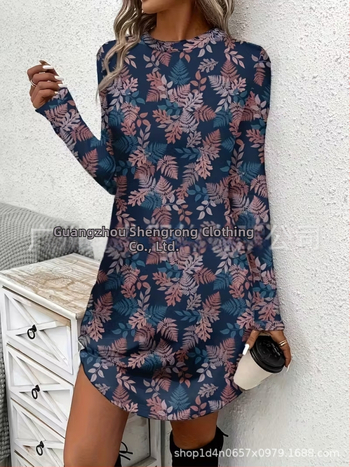 Naiste pikkade kätega kleit, A-liin siluett, lühike seelik, polüester, botaaniline lillemustr