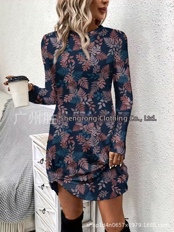 Naiste pikkade kätega kleit, A-liin siluett, lühike seelik, polüester, botaaniline lillemustr