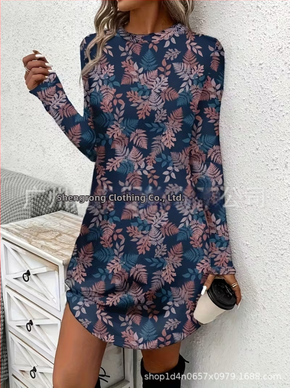 Naiste pikkade kätega kleit, A-liin siluett, lühike seelik, polüester, botaaniline lillemustr