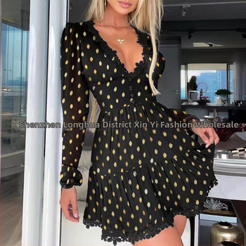 Kleit punktmustriga, V-kaelusega, pikkade varrukatega, polüesterkangas, printsessi siluett