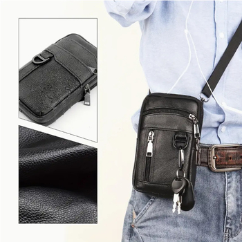 Nahktelefonikott vööga — vertikaalse ruudu kujuga, mehele, äri- ja reisistiil, tõmblukk