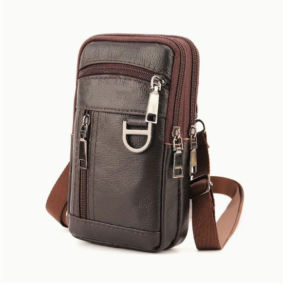 Nahktelefonikott vööga — vertikaalse ruudu kujuga, mehele, äri- ja reisistiil, tõmblukk