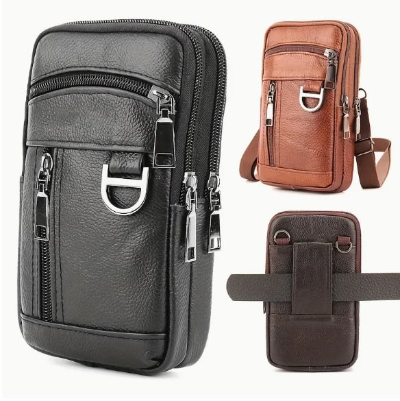 Nahktelefonikott vööga — vertikaalse ruudu kujuga, mehele, äri- ja reisistiil, tõmblukk