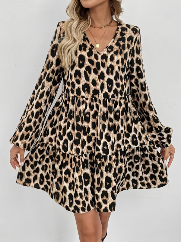 Leopardi mustriga kleit, sügav V-kaelus, pikad varrukad, keskpikkus, polüester