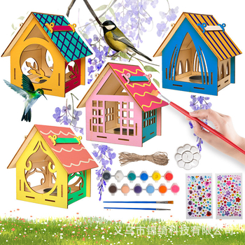 Puidust DIY maalimisekomplekt linnumaja jaoks, hariv kokkupanekukomplekt, karikatuurstiil, kodune kasutus, peokink