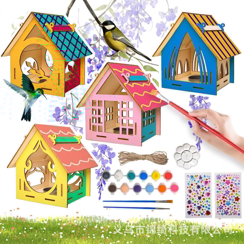 Puidust DIY maalimisekomplekt linnumaja jaoks, hariv kokkupanekukomplekt, karikatuurstiil, kodune kasutus, peokink