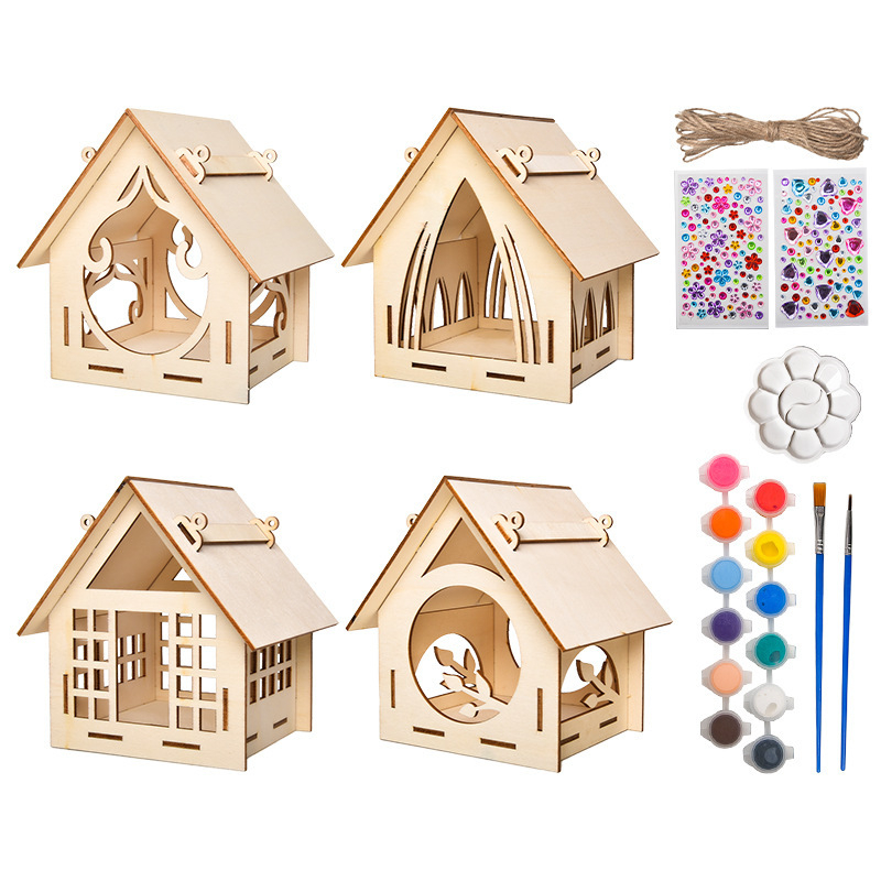 Puidust DIY maalimisekomplekt linnumaja jaoks, hariv kokkupanekukomplekt, karikatuurstiil, kodune kasutus, peokink