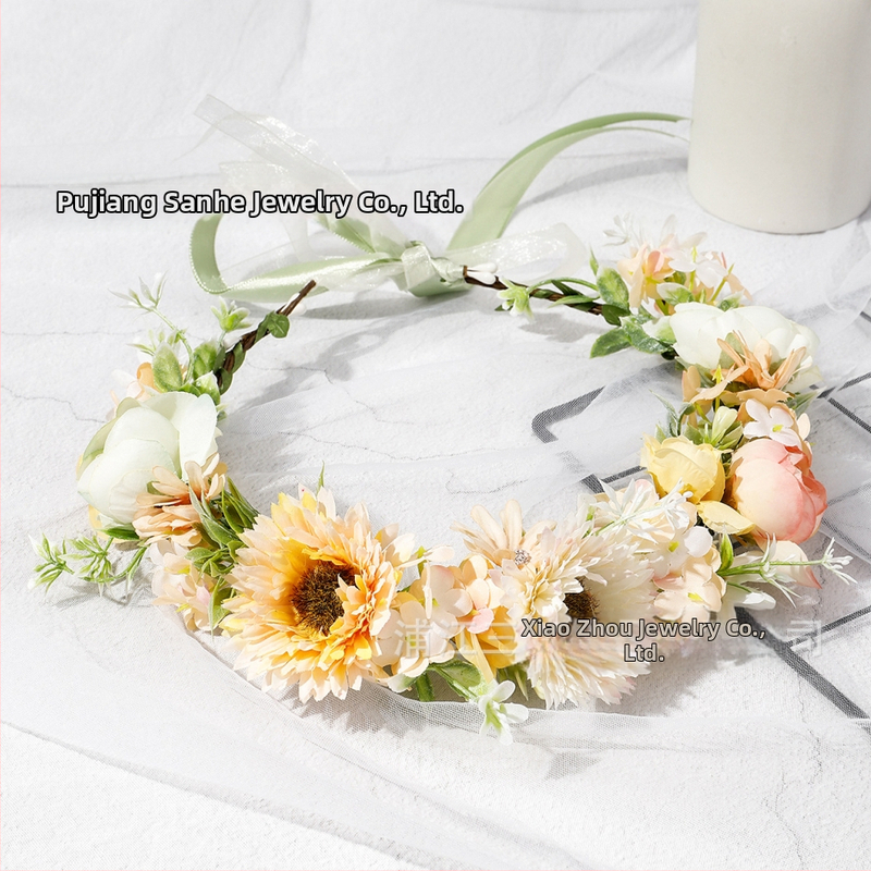 Boheemiline lillede pärg peale, käsitsi kootud materjal, elegantne unisex pulmatarvik, kevad 2025