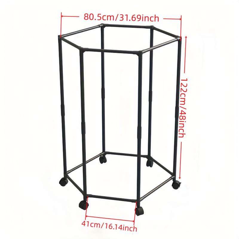 Raft de haine pe podea cu formă hexagonală, țevi metalice de 16 mm, construcție metal-plastică, mobil cu roți