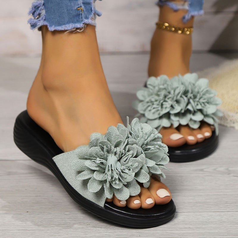 Õiedega naiste sandaalid, lame tall, igapäevane stiil (pealmaterjal: kangas; tallal: kumm; sisematerjal: kunstnahk; tallatöötlus: viskoos)