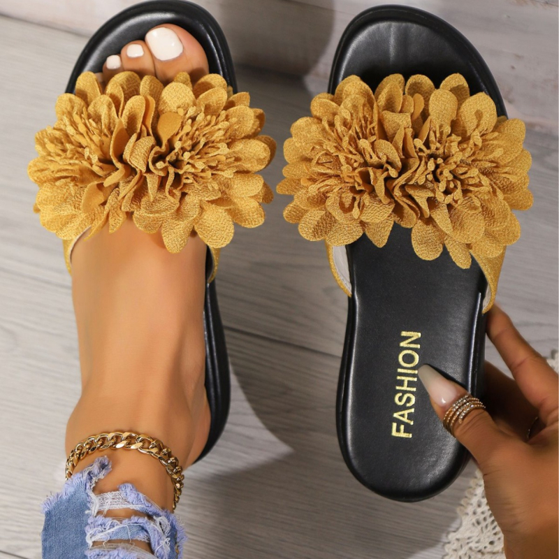 Õiedega naiste sandaalid, lame tall, igapäevane stiil (pealmaterjal: kangas; tallal: kumm; sisematerjal: kunstnahk; tallatöötlus: viskoos)