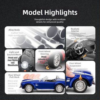 1:22 alumiiniumisulamist Cobra kabriolett-mudel, valgustus ja heli funktsioonidega, akudega toitel, mõõtmed 20×9×6.5 cm