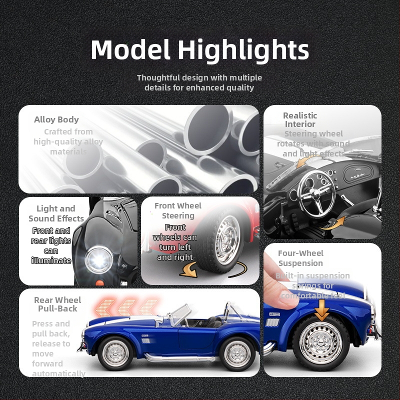 1:22 alumiiniumisulamist Cobra kabriolett-mudel, valgustus ja heli funktsioonidega, akudega toitel, mõõtmed 20×9×6.5 cm