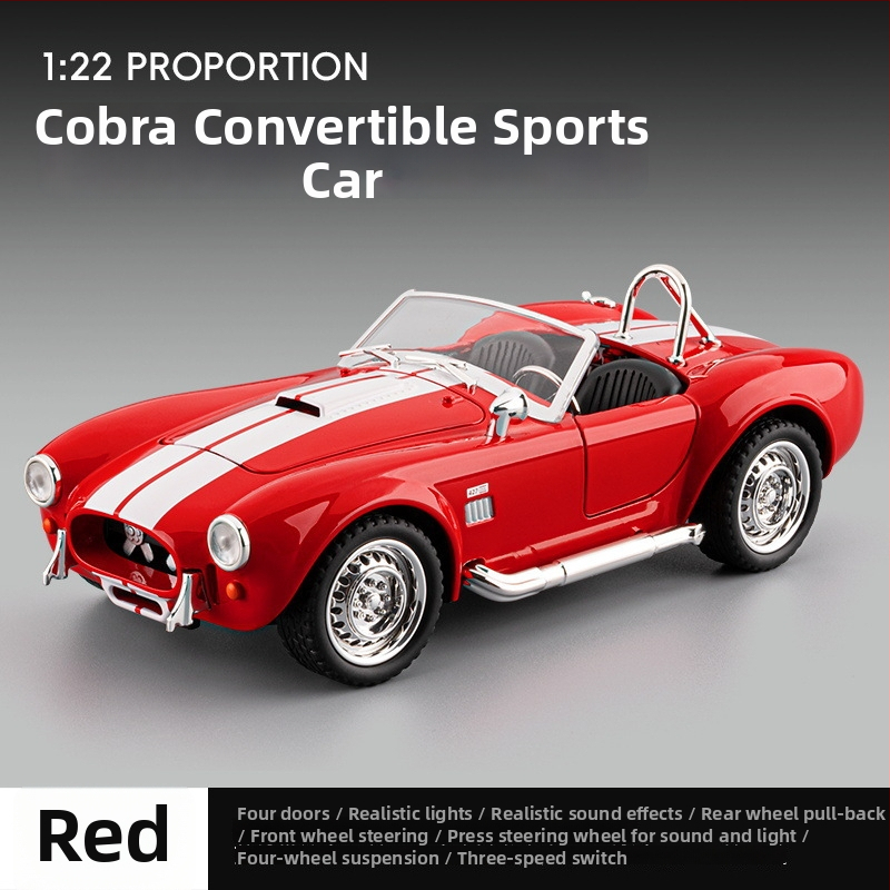 1:22 alumiiniumisulamist Cobra kabriolett-mudel, valgustus ja heli funktsioonidega, akudega toitel, mõõtmed 20×9×6.5 cm