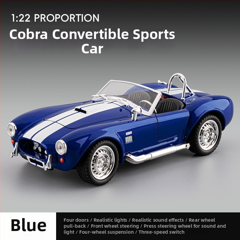 1:22 alumiiniumisulamist Cobra kabriolett-mudel, valgustus ja heli funktsioonidega, akudega toitel, mõõtmed 20×9×6.5 cm