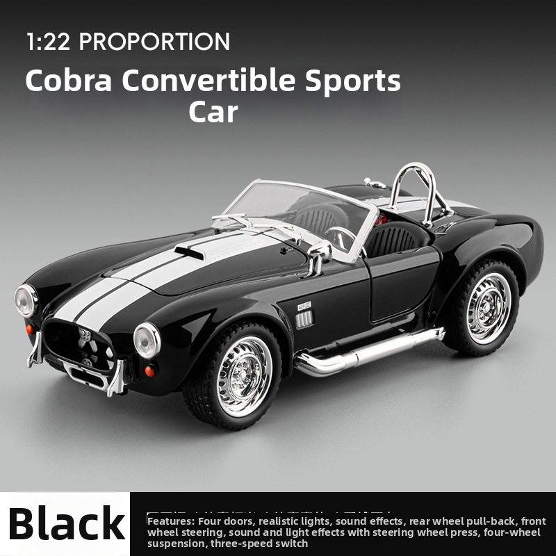 1:22 alumiiniumisulamist Cobra kabriolett-mudel, valgustus ja heli funktsioonidega, akudega toitel, mõõtmed 20×9×6.5 cm