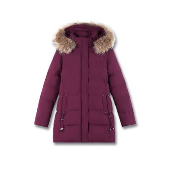 Puuvillane mantel eemaldatava kapuutsiga ja kunstliku karusnaha kaelusega, eesmine tõmblukk, keskmise pikkusega