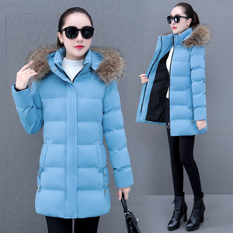 Puuvillane mantel eemaldatava kapuutsiga ja kunstliku karusnaha kaelusega, eesmine tõmblukk, keskmise pikkusega